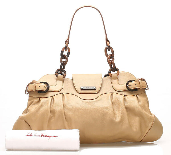 サルヴァトーレフェラガモ ウッド AU-21/6371 ベージュ レザー ハンドバッグ レディース Salvatore Ferragamo 中古