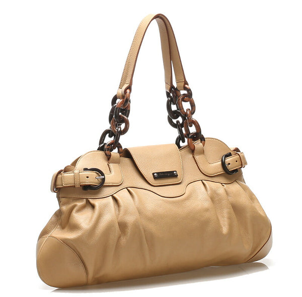 サルヴァトーレフェラガモ ウッド AU-21/6371 ベージュ レザー ハンドバッグ レディース Salvatore Ferragamo 中古