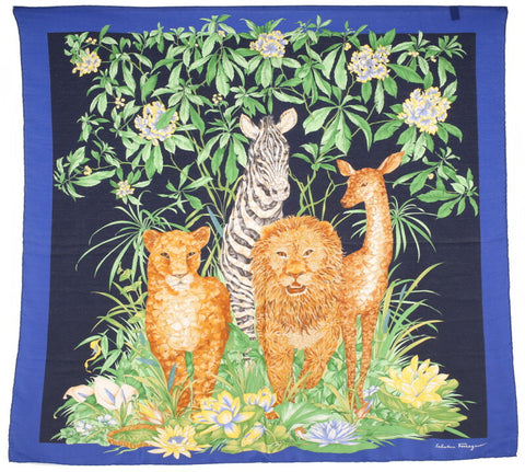 エルメス ライオン ブルー ネイビー シルク スカーフ レディース HERMES 中古