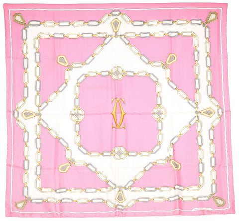 カルティエ チェーン モチーフ ピンク シルク スカーフ レディース CARTIER 中古