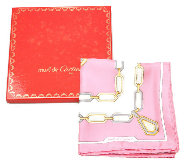 カルティエ チェーン モチーフ ピンク シルク スカーフ レディース CARTIER 中古