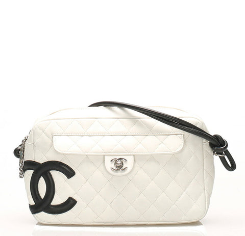 シャネル カンボンライン ホワイト ブラック  ラムスキン 肩掛け ショルダーバッグ レディース CHANEL 中古