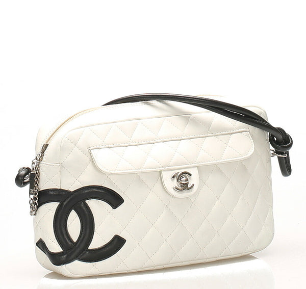 シャネル カンボンライン ホワイト ブラック  ラムスキン 肩掛け ショルダーバッグ レディース CHANEL 中古