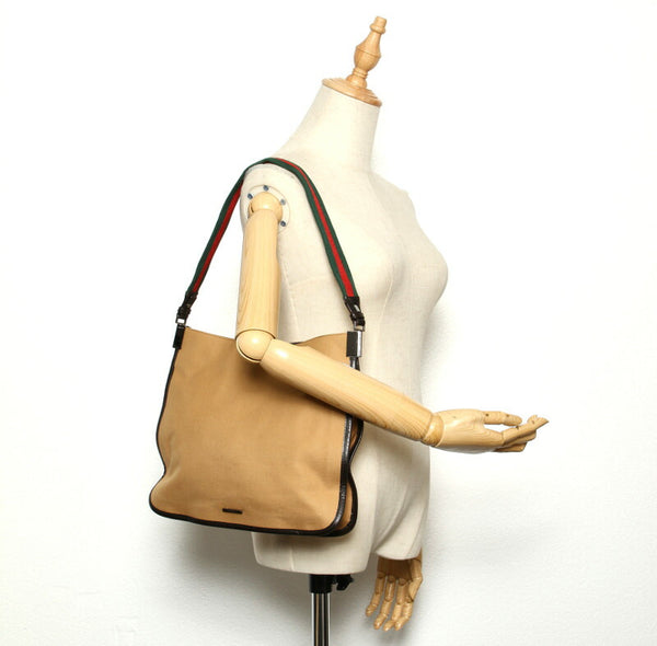 グッチ シェリーライン ウェビングライン 001 4321 ベージュ ブラウン  キャンバス レザー ショルダーバッグ レディース GUCCI 中古