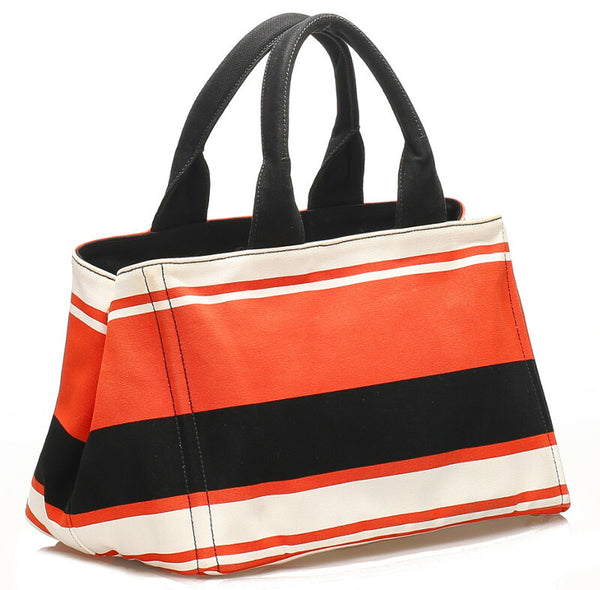 プラダ カナパ オレンジ ホワイト ブラック キャンバス ハンドバッグ レディース PRADA 中古