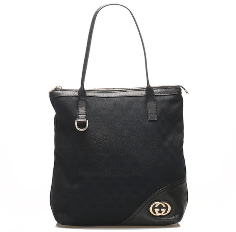 グッチ GG キャンバス 182492 ブラック  キャンバス レザー トートバッグ レディース GUCCI 中古