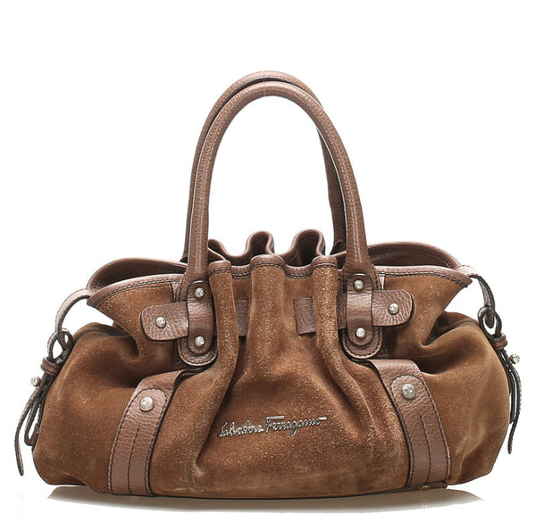 サルヴァトーレフェラガモ CD-21 A279 ベージュ ブラウン レザー スウェード ハンドバッグ レディース Salvatore Ferragamo 中古