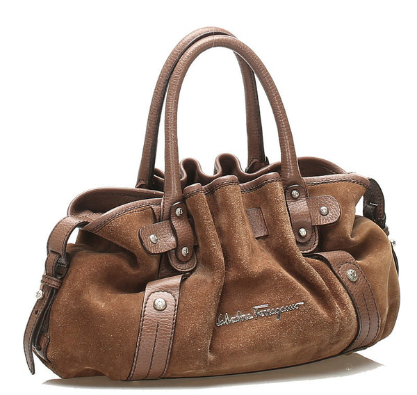 サルヴァトーレフェラガモ CD-21 A279 ベージュ ブラウン レザー スウェード ハンドバッグ レディース Salvatore Ferragamo 中古