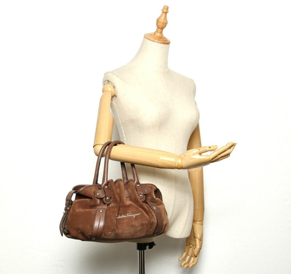 サルヴァトーレフェラガモ CD-21 A279 ベージュ ブラウン レザー スウェード ハンドバッグ レディース Salvatore Ferragamo 中古