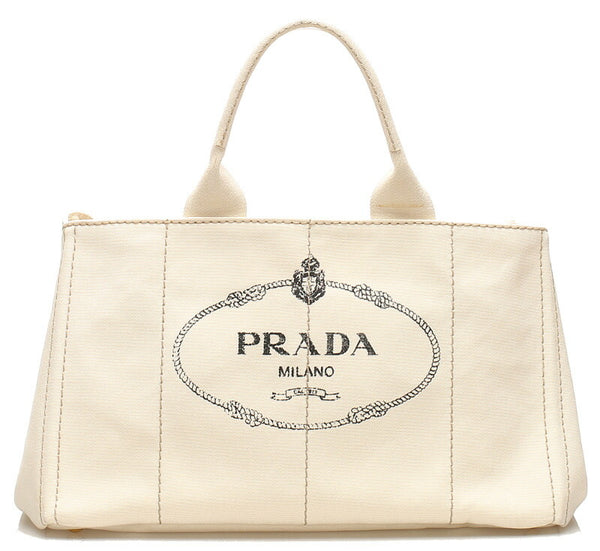 プラダ カナパ ホワイト ブラック キャンバス ハンドバッグ レディース PRADA 中古