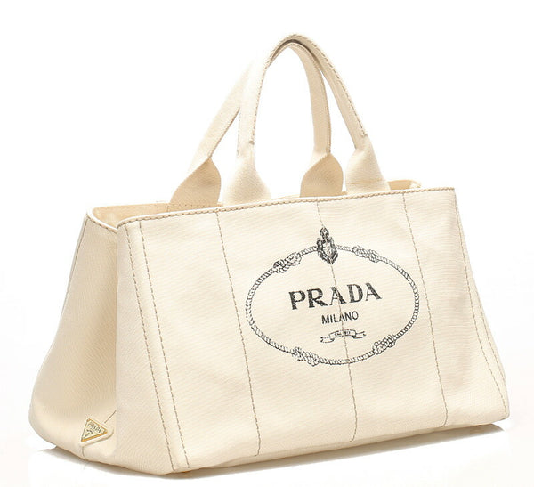 プラダ カナパ ホワイト ブラック キャンバス ハンドバッグ レディース PRADA 中古
