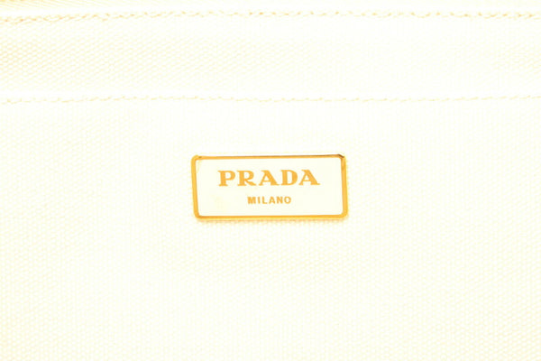 プラダ カナパ ホワイト ブラック キャンバス ハンドバッグ レディース PRADA 中古