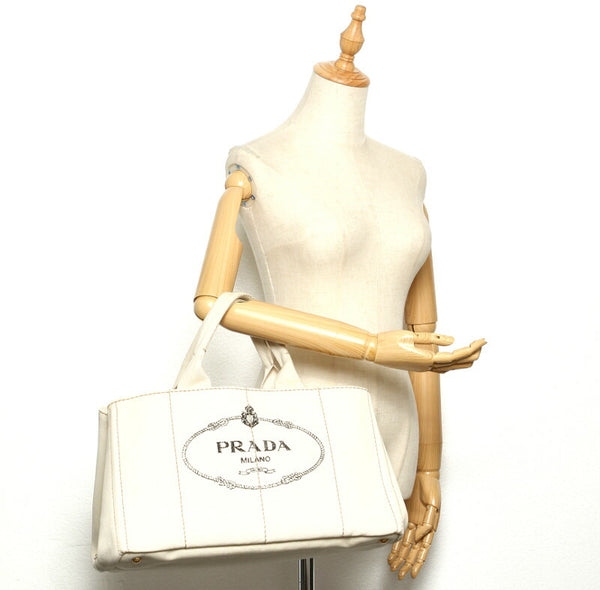 プラダ カナパ ホワイト ブラック キャンバス ハンドバッグ レディース PRADA 中古