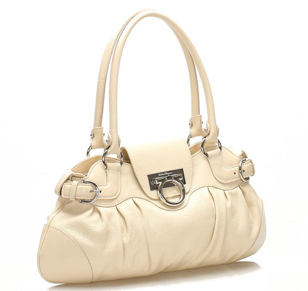 ガンチーニ AU-21 6317 クリーム ホワイト レザー ハンドバッグ レディース 中古