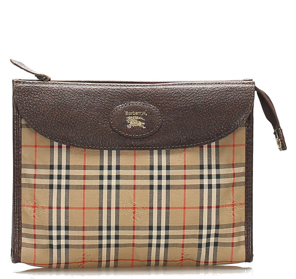 バーバリー ノバチェック ブラウン ベージュ キャンバス レザー ポーチ レディース BURBERRY 【中古】