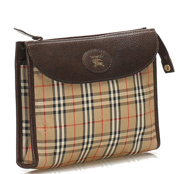 バーバリー ノバチェック ブラウン ベージュ キャンバス レザー ポーチ レディース BURBERRY 【中古】