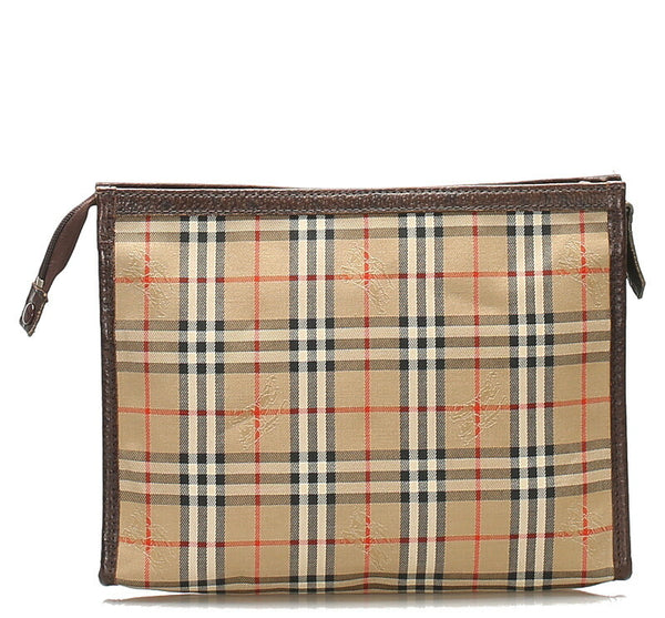 バーバリー ノバチェック ブラウン ベージュ キャンバス レザー ポーチ レディース BURBERRY 【中古】