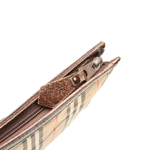 バーバリー ノバチェック ブラウン ベージュ キャンバス レザー ポーチ レディース BURBERRY 【中古】