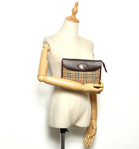 バーバリー ノバチェック ブラウン ベージュ キャンバス レザー ポーチ レディース BURBERRY 【中古】