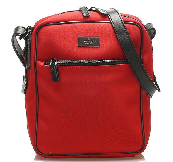 グッチ 018・1612 レッド  キャンバス レザー ショルダーバッグ レディース GUCCI 中古