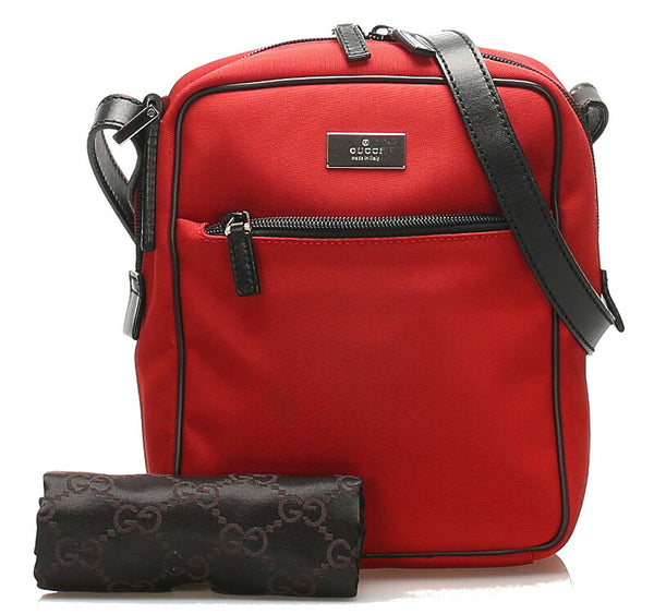 グッチ 018・1612 レッド  キャンバス レザー ショルダーバッグ レディース GUCCI 中古
