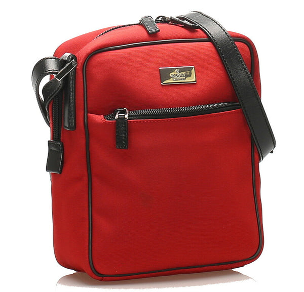 グッチ 018・1612 レッド  キャンバス レザー ショルダーバッグ レディース GUCCI 中古