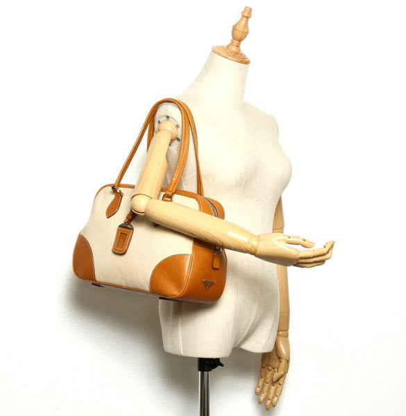 プラダ ジャガード ブラウン ベージュ キャンバス レザー ハンドバッグ レディース PRADA 中古