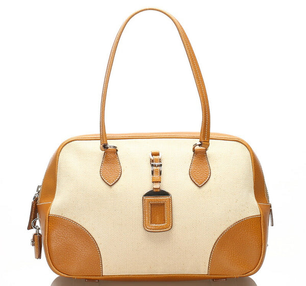 プラダ ジャガード ブラウン ベージュ キャンバス レザー ハンドバッグ レディース PRADA 中古