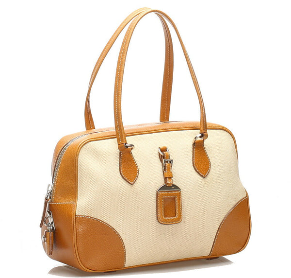 プラダ ジャガード ブラウン ベージュ キャンバス レザー ハンドバッグ レディース PRADA 中古