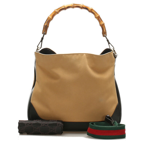 グッチ バンブー 001・4095 ベージュ ブラウン キャンバス レザー ショルダーバッグ レディース GUCCI 中古