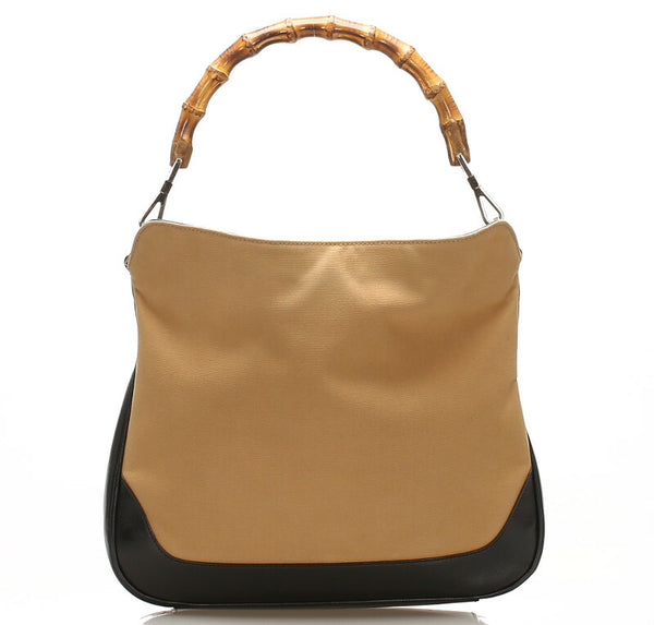グッチ バンブー 001・4095 ベージュ ブラウン キャンバス レザー ショルダーバッグ レディース GUCCI 中古