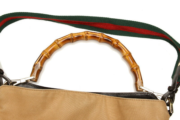 グッチ バンブー 001・4095 ベージュ ブラウン キャンバス レザー ショルダーバッグ レディース GUCCI 中古