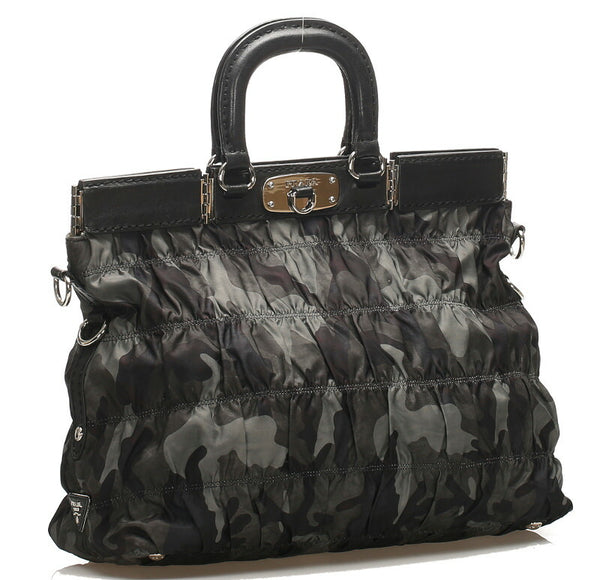 プラダ カモフラージュ BN1972 カーキ グリーン ナイロン レザー ハンドバッグ ショルダーバッグ 2WAY メンズ PRADA 中古