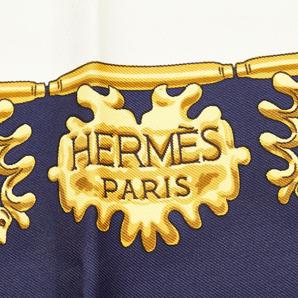 エルメス カレ90 LES CAVALIERS D'OR 黄金の騎士 ネイビー ホワイト  シルク スカーフ レディース HERMES 【中古】