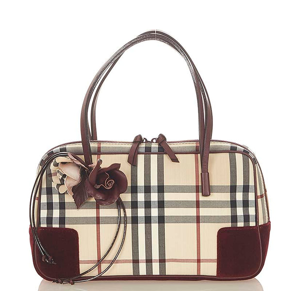 バーバリー ノバチェック ベージュ ワインレッド キャンバス レザー スエード ハンドバッグ レディース BURBERRY 【中古】