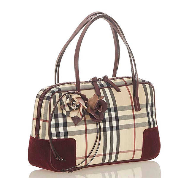 バーバリー ノバチェック ベージュ ワインレッド キャンバス レザー スエード ハンドバッグ レディース BURBERRY 【中古】