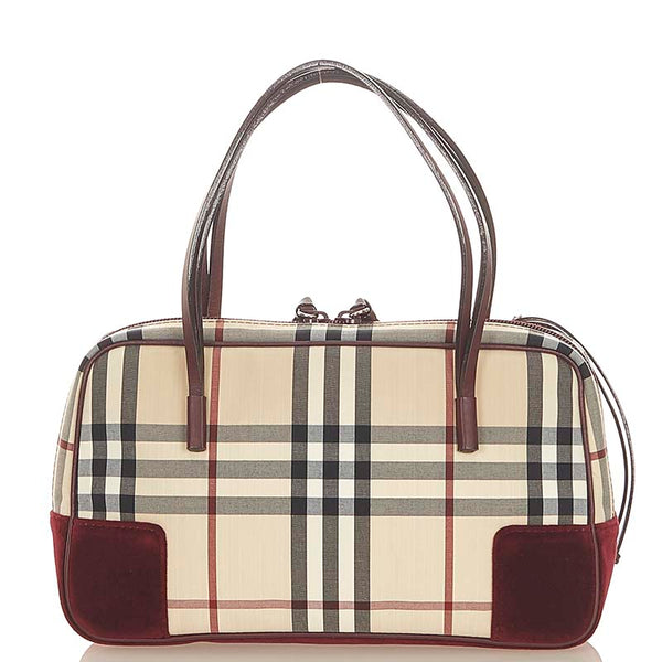 バーバリー ノバチェック ベージュ ワインレッド キャンバス レザー スエード ハンドバッグ レディース BURBERRY 【中古】