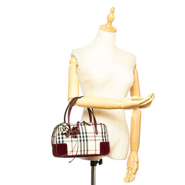 バーバリー ノバチェック ベージュ ワインレッド キャンバス レザー スエード ハンドバッグ レディース BURBERRY 【中古】