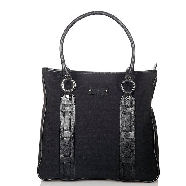ブルガリ ロゴマニア ブラック キャンバス レザー トートバッグ レディース BVLGARI 【中古】