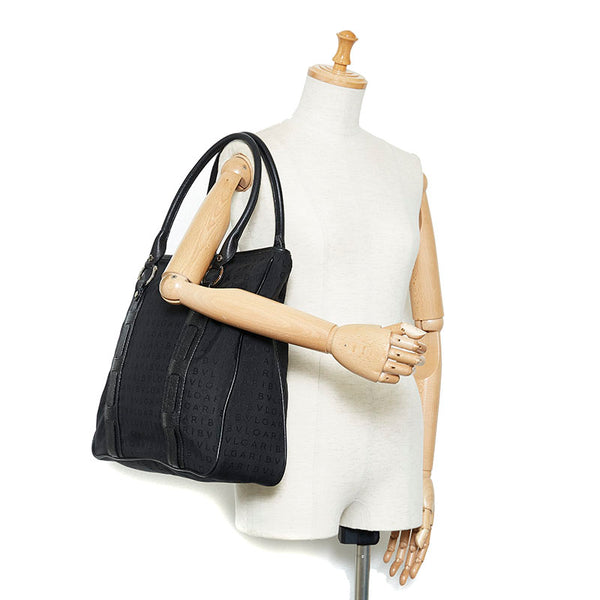 ブルガリ ロゴマニア ブラック キャンバス レザー トートバッグ レディース BVLGARI 【中古】