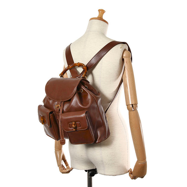 グッチ バンブー 003・2058・0016 ブラウン レザー リュック バックパック レディース GUCCI 【中古】