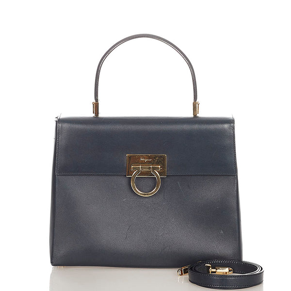 サルヴァトーレフェラガモ ガンチーニ   AF-21 8657 ダークネイビー レザー ハンドバッグ ショルダーバッグ 2way レディース Salvatore Ferragamo 【中古】