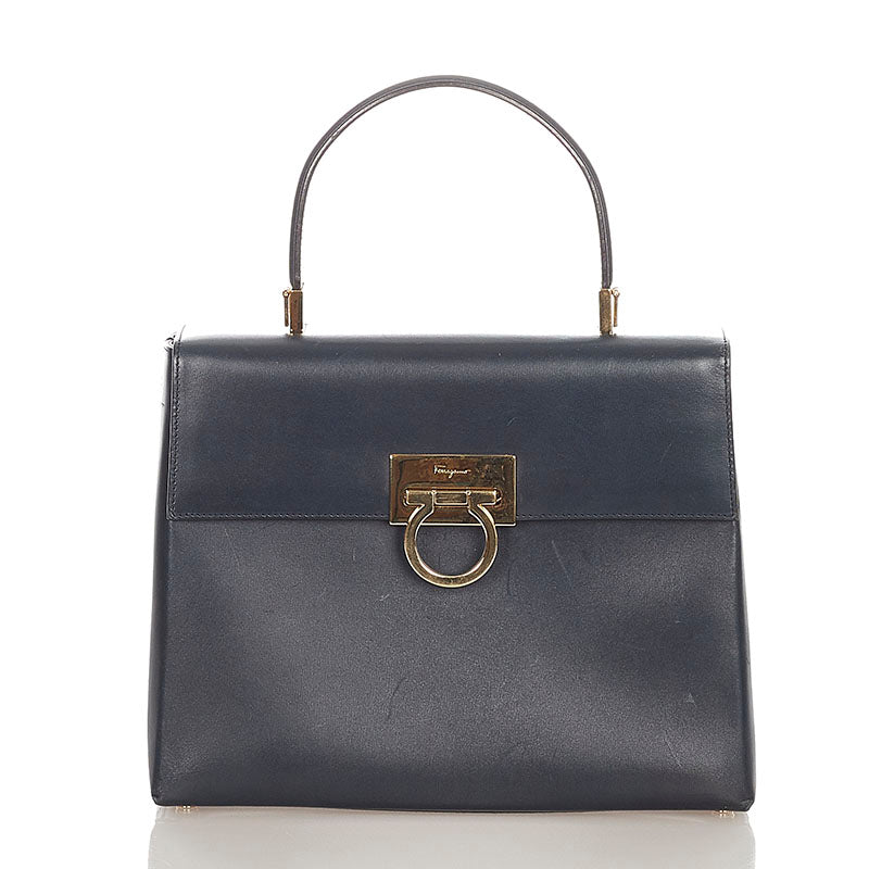 サルヴァトーレフェラガモ ガンチーニ   AF-21 8657 ダークネイビー レザー ハンドバッグ ショルダーバッグ 2way レディース Salvatore Ferragamo 【中古】