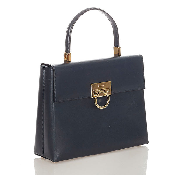 サルヴァトーレフェラガモ ガンチーニ   AF-21 8657 ダークネイビー レザー ハンドバッグ ショルダーバッグ 2way レディース Salvatore Ferragamo 【中古】