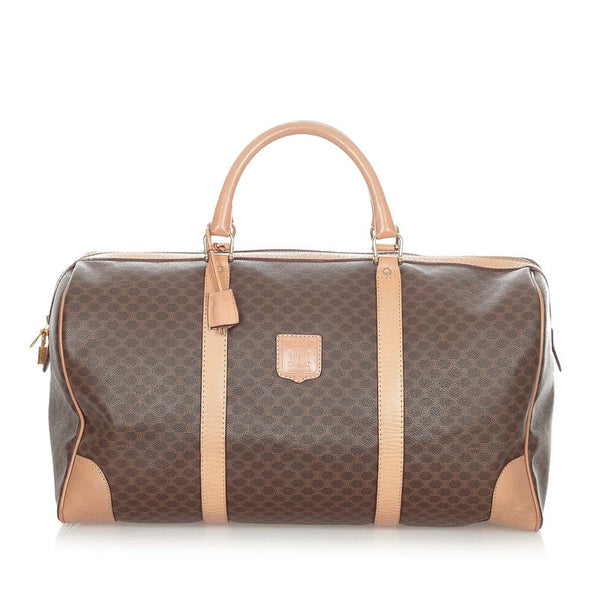 セリーヌ マカダム ブラウン ベージュ レザー PVC ボストンバッグ トラベルバッグ メンズ CELINE 【中古】