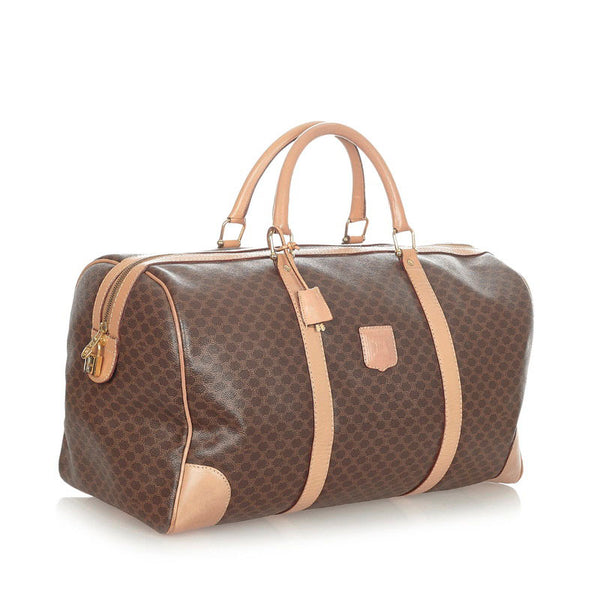 セリーヌ マカダム ブラウン ベージュ レザー PVC ボストンバッグ トラベルバッグ メンズ CELINE 【中古】