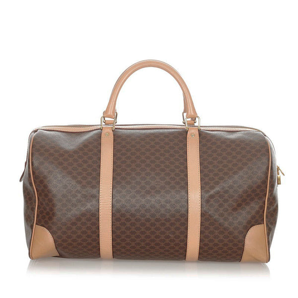セリーヌ マカダム ブラウン ベージュ レザー PVC ボストンバッグ トラベルバッグ メンズ CELINE 【中古】