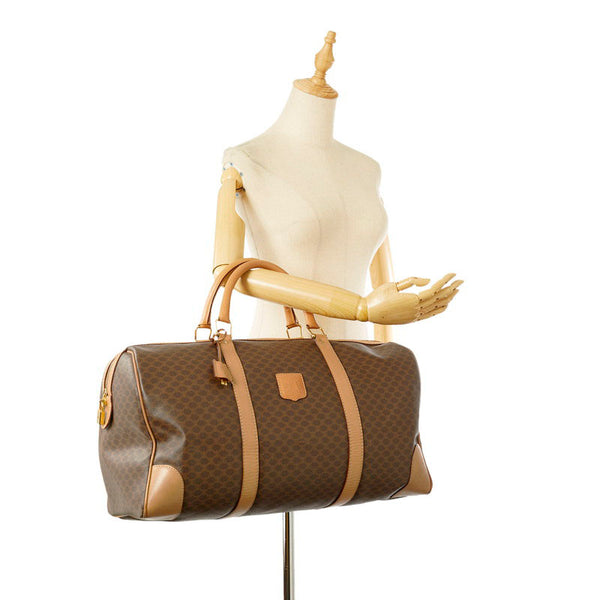 セリーヌ マカダム ブラウン ベージュ レザー PVC ボストンバッグ トラベルバッグ メンズ CELINE 【中古】