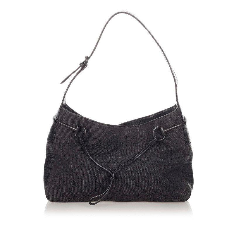 グッチ GGキャンバス　 101975 ブラック グレー キャンバス レザー ワンショルダーバッグ レディース GUCCI 【中古】