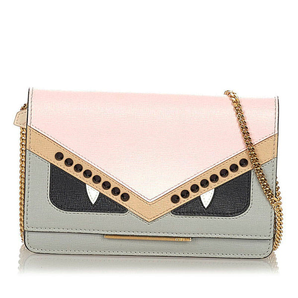 フェンディ モンスター 8M0346 ライトピンク ライトグレー レザー ウォレットチェーン レディース FENDI 【中古】